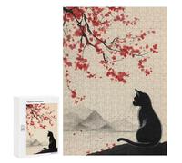 Jeux De Puzzle pour Adultes 300 PCS Black Cat and The Cherry Blossom Tree Jeux De Puzzle pour Adultes, Jeux Familiaux, Anti-Stress, Cadeaux d'anniversaire Et De Noël Uniques 300 PCS