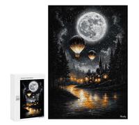 Jeux De Puzzle Pour Adultes 300 PCS Enchanted Moonlit Flight - Vintage Hot Air Balloons Over A Dreamy Village Jeux De Puzzle Pour Adultes, Jeux Familiaux, Anti-stress, Cadeaux D'anniversaire Et De Noë