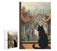 Jeux De Réflexion pour Adolescents 1000 PCS Black Cat Gazing at Rainy Town Puzzle, Jeu De Réflexion, Cadeau d'anniversaire, Activités Amusantes À La Maison, 1000 PCS