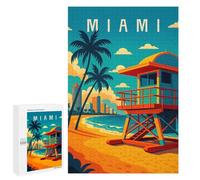 Jeux De Réflexion pour Adolescents 1000 PCS Miami Travel Poster - Beach, Palm Trees & Ocean Breeze Puzzle, Jeu De Réflexion, Cadeau d'anniversaire, Activités Amusantes À La Maison, 1000 PCS