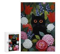 Jeux De Réflexion pour Adolescents 300 PCS Painting Black Cat in A Flower Garden Puzzle, Jeu De Réflexion, Cadeau d'anniversaire, Activités Amusantes À La Maison, 300 PCS
