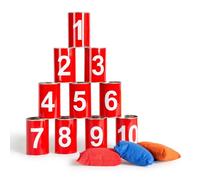 BS Toys Chamboule Tout - Jouets D'Extérieur - Jouets D'Extérieur À Partir De 3 Ans - Jeu De Lancer pour Enfants - Jeux pour Enfants avec Boîtes De Bonserve Rouges Numérotées Et 3 Sacs À Lancer