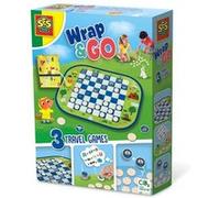 SES Creative 02237 - Wrap&Go Jeux de Voyage - Jeu de Dames - Memo - Je pars en Voyage, 3 en 1, Le Sac de Rangement Sert également de Plateau de Jeu, pièces en Bois pour Les différents Jeux
