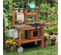 Jeux en Plein air Cuisine Jeux de Jardin Cuisine Cuisine en Boue Enfants extérieur avec Roues, Bouilloire, évier, récipient à Plantes en Bois, Cuisine pour Enfants