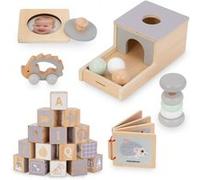 Jeux Éveil Sensoriel Montessori en Bois, Boîte éducative Enfant, 6 Jouets Éducatifs, Jeux Bois, Hochet, Blocs, Voiture, Hérisson, Livre G