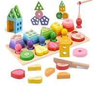 Jeux Montessori en Bois - Jouet à Empiler et de Tri Avec 20 Blocs Géométriques, Jeux de Pêche, Puzzles à Trier Les Formes - Cadeau pour Fille Garçon Bébés 2 3 4 Ans (B)