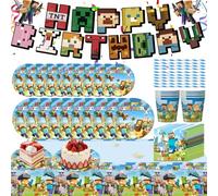 Jeux vidéo Anniversaire Vaisselle Kit, 62 Pcs Miner Fournitures de Fête, Miner Décorations Anniversaire Assiettes Gobelets Serviettes Pailles Nappes Bannières d'Anniversaire, Vaisselle de Fête