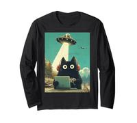 Jeux vidéo Japonais Noir Gamer Cat Abduction UFO Graphic Manche Longue
