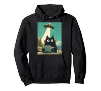 Jeux vidéo Japonais Noir Gamer Cat Abduction UFO Graphic Sweat à Capuche