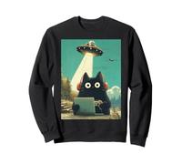Jeux vidéo Japonais Noir Gamer Cat Abduction UFO Graphic Sweatshirt