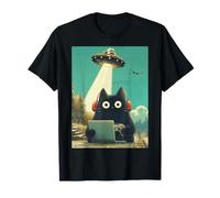 Jeux vidéo Japonais Noir Gamer Cat Abduction UFO Graphic T-Shirt
