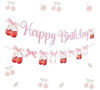 JeVenis bannière d'anniversaire à la cerise décorations d'anniversaire avec nœud sur le thème de la cerise décor de fête avec nœud décor de fête à la cerise accessoires d'anniversaire