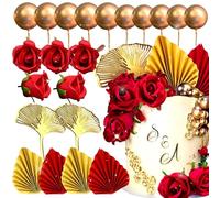 JeVenis décoration de gâteau à la rose rouge et à la feuille d'or pour mariage, anniversaire, douche nuptiale et fiançailles