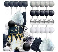 JeVenis décoration de gâteau avec boules noires et argentées décoration de gâteau avec feuilles d'or décoration de gâteau noir pour anniversaire mariage douceur de bébé douceur de mariage