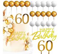 JeVenis décoration de gâteau d'anniversaire en or blanc pour 60 ans boules d'or pour 60 ans signe de joyeux anniversaire pour or blanc fournitures de fête pour anniversaire favors