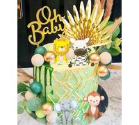 JeVenis Décoration de gâteau de fête prénatale avec boules vertes sauge, animaux de safari, décoration de gâteau sauvage, deux décorations de gâteau sauvages, girafe singe