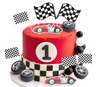 JeVenis Décoration de gâteau en forme de voiture de course - Drapeau à carreaux - Décoration de gâteau d'anniversaire rapide - Un rapide - Trois nécessite quatre vitesses
