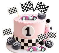 JeVenis Décoration de gâteau en forme de voiture de course - Drapeau à carreaux - Décoration de gâteau d'anniversaire rapide - Un rapide - Trois nécessite quatre vitesses