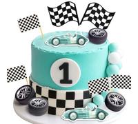 JeVenis Décoration de gâteau en forme de voiture de course - Drapeau à carreaux - Décoration de gâteau d'anniversaire rapide - Un rapide - Trois nécessite quatre vitesses