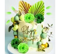 JeVenis Lot de 42 décorations de gâteau vert sauge, papillon, feuilles de palmier dorées, boules roses pour mariage, fête prénuptiale, anniversaire