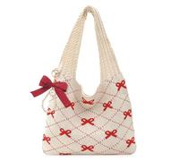 JeVenis sac en crochet beige avec noeuds rouges grand sac de plage aesthetic pour femme tote bag