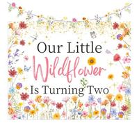 JeVenis Toile de fond avec fleurs sauvages pour filles - Décoration d'anniversaire - Bannière florale « Our Little Wild Flower Is Turning Two Birthday Decor »