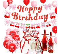 JeVenis Toile de fond d'anniversaire avec inscription « She's The Cherry on Top » - Décorations sur le thème des cerises - Accessoires de fête d'anniversaire