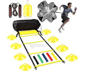 Jewaytec Kit d'entraînement de Football Enfant, Echelle Football Entraînement, Agility Speed Accessoires de Foot - 1 Échelle de Rythme Foot de 8 m,1 Parachute,16 cônes,4 poteaux,1 Corde Sauter
