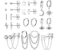 JeweBella 12Paires Petite Boucles d'oreilles Femme Acier Innoxydable Étoile Lune Boucles d'oreilles Creoles Pendantes avec Chaîne Hypoallergénique Zircon Ball Evil Eye Boucles d'oreilles Or/Argent
