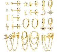 JeweBella 12Paires Petite Boucles d'oreilles Femme Acier Innoxydable Étoile Lune Creoles Pendantes avec Chaîne Hypoallergénique Zircon Ball Evil Eye, Or/Argent