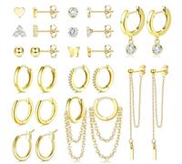 JeweBella 13Paires Petite Boucles d'Oreilles Femme Acier Chirurgical Hypoallergénique Coeur Cartilage Boucles d'oreilles Creoles Pendantes avec Chaîne Lot Boucles d'oreilles Or Argent