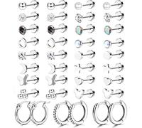 JeweBella 19Pairs Petits Boucles d'Oreilles Femmes Acier Chirurgical Cartilage Hélice Boucles d'oreilles Hypoallergénique Étoile Lune Zirconium Flatback Boucles d'oreilles Créoles Piercing Ensemble