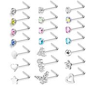 JeweBella 21 Pièces 20G Piercing Nez Acier Chirurgical 316L Hypoallergénique Argent CZ Couleur Petite en Forme de L/I/S Bijoux pour Femmes
