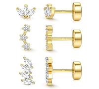 JeweBella 3 Paires Boucles d'Oreilles Femme Argent 925 Plaqué Or 14K Petite Boucles d'oreilles Clou Ensemble Boucle d'Oreille Argent/Or pour Piercing Oreille Cartilage