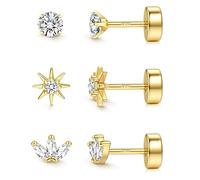 JeweBella 3 Paires Boucles d'Oreilles Femme Argent 925 Plaqué Or 14K Petite Boucles d'oreilles Clou Ensemble Boucle d'Oreille Argent/Or pour Piercing Oreille Cartilage
