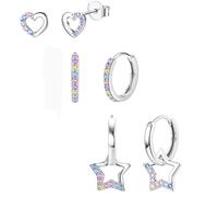 JeweBella 3 Paires Boucles d'Oreilles Femme Hypoallergéniques Clous’Oreilles Argent 925 Poteau Mignonnes Créoles Pendantes Colorées Cœur Étoile Boucles d’Oreilles Pour Fille Enfant