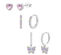 JeweBella 3 Paires Boucles d'Oreilles Femme Hypoallergéniques Clous’Oreilles Argent 925 Poteau Mignonnes Créoles Pendantes Colorées Cœur Étoile Boucles d’Oreilles Pour Fille Enfant