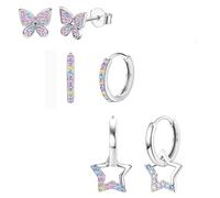 JeweBella 3 Paires Boucles d'Oreilles Femme Hypoallergéniques Clous’Oreilles Argent 925 Poteau Mignonnes Créoles Pendantes Colorées Cœur Étoile Boucles d’Oreilles Pour Fille Enfant