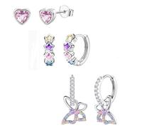 JeweBella 3 Paires Boucles d'Oreilles Femme Hypoallergéniques Clous’Oreilles Argent 925 Poteau Mignonnes Créoles Pendantes Colorées Cœur Étoile Boucles d’Oreilles Pour Fille Enfant