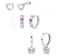 JeweBella 3 Paires Boucles d'Oreilles Femme Hypoallergéniques Clous’Oreilles Argent 925 Poteau Mignonnes Créoles Pendantes Colorées Cœur Étoile Boucles d’Oreilles Pour Fille Enfant