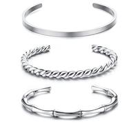 JeweBella 3 Pièces Bracelet Jonc Femme Argent/Or Acier Inoxydable Simple Jonc Ouvert Ensemble Empilables Poli Twist Bracelet Jonc Manchette Largeur 4MM