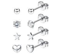 JeweBella 4 Paires Petites Clou Boucles d'oreilles en Argent Sterling 925 pour Femme et Fille Classique Piercing Cartilage Boucles d'oreilles Zirconium Lune Étoile Clous d'Oreilles Hypoallergéniques