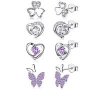 JeweBella 4Paires Boucles d'Oreilles Argent pour Femmes Enfant Fille Hypoallergéniques Argent Sterling 925 Poteau Clous d'Oreilles Coeur Papillon Violet/Rose Ensemble Clous d'Oreilles Cartilage