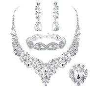 JeweBella 4PCS Parure Mariage Mariée pour Femme Cristal Mariée Collier Vintage Strass Boucle d'oreille et Bracelet Zircon Bague Ensemble Mariage Fiançailles Mariée Demoiselle d'honneur Bijoux