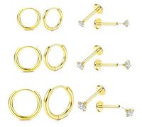 JeweBella 6 Paires 20G Piercing Oreille Acier Inoxydable Tragus Push in Labret Lèvre Helix Conch Medusa Nez Boucles d'Oreilles Créoles Argent Or