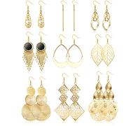 JeweBella 9Paires Boucles d'oreilles Pendantes pour Femme Fille Boho Twist Boucles d'oreilles Gland Argent/Or Hypoallergénique Vague Longue Barre