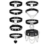 JeweBella 9Pcs Gothique Cuir Collier Ras de Cou Femmes Punk Chaîne Clavicule PU Noir Ras du Cou Spike Collier Chocker Clouté Tour de Rock Ceinture Coeur Réglable Halloween Cosplayer
