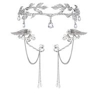 JeweBella Boucles d'oreilles Elfe Diadème pour Femme Argent Manchettes d'oreilles Non Percée Feuille Diadème Elfe Couronne Boucles d'oreilles Clips Ensembel pour Halloween Cosplay Mariage