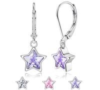 JeweBella Boucles d'oreilles Pendantes en Argent 925 pour Femmes Enfant Filles Hypoallergénique Boucles d'oreilles Créoles avec Étoile Zircone Cubique Pendentif Boucles d'oreilles Violet Blanc Rose