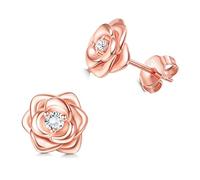 JeweBella Petites Boucles d'Oreilles Fleurs en Argent Sterling 925 pour Femme Fille Hypoallergéniques Boucles d'Oreilles Roses avec 5A+Zircone Cubique Clous d'Oreilles Argent/Or/Or Rose/Noir